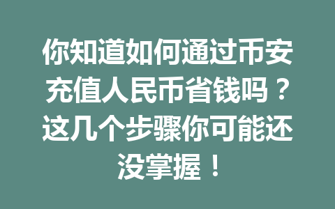 你知道如何通过币安充值人民币省钱吗？这几个步骤你可能还没掌握！