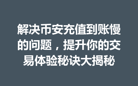 解决币安充值到账慢的问题，提升你的交易体验秘诀大揭秘